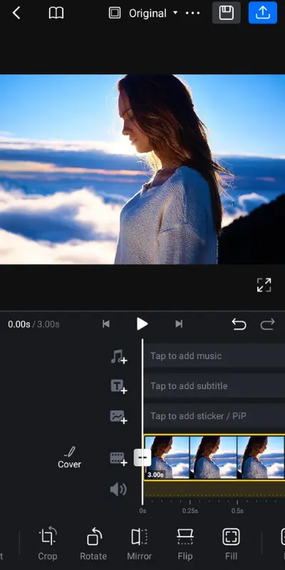 Mirror tool in VN Mod APK video editor for flipping video horizontally or vertically.