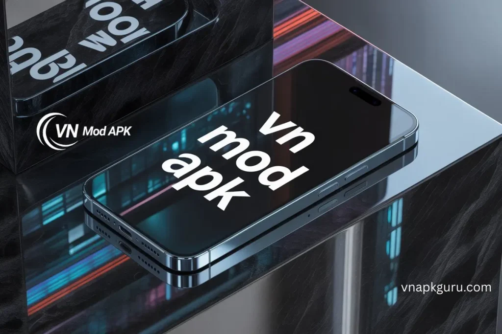 Image showing VN Video Editor Mod APK download page with unlocked pro features. VN Mod APK logo with premium video editing branding text