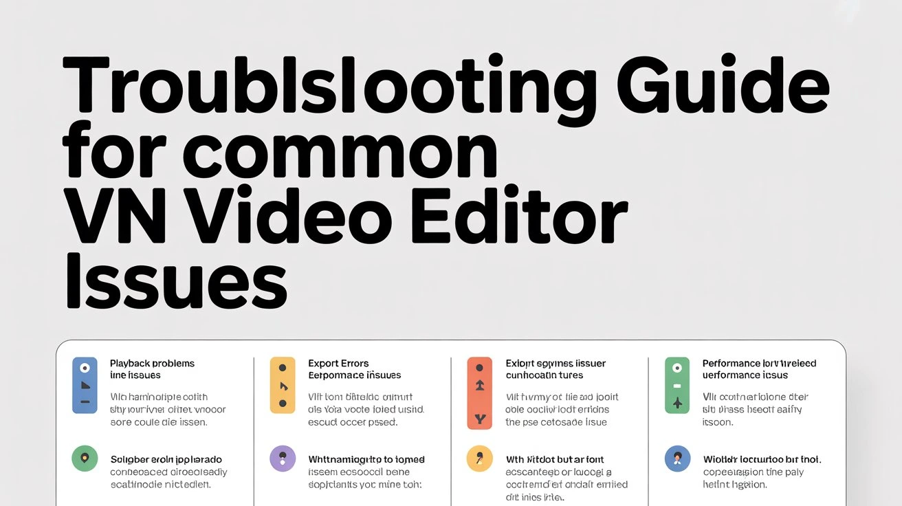 VN Video Editor troubleshooting and FAQ guide for PC and mobile, showing solutions for crashes, lag, audio sync, and export issues.