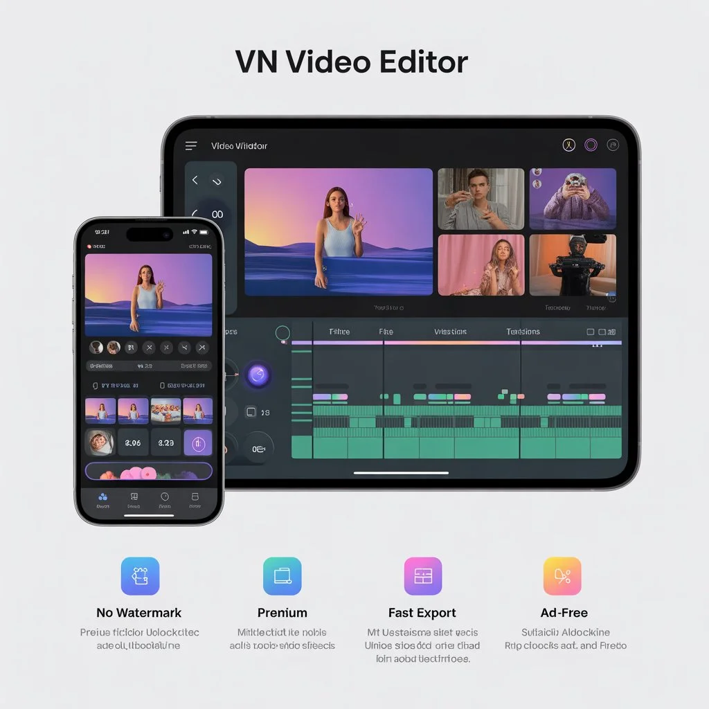 VN Video Editor interface showing mobile and PC screens with timeline, filters, transitions, and premium unlocked features for ad-free editing